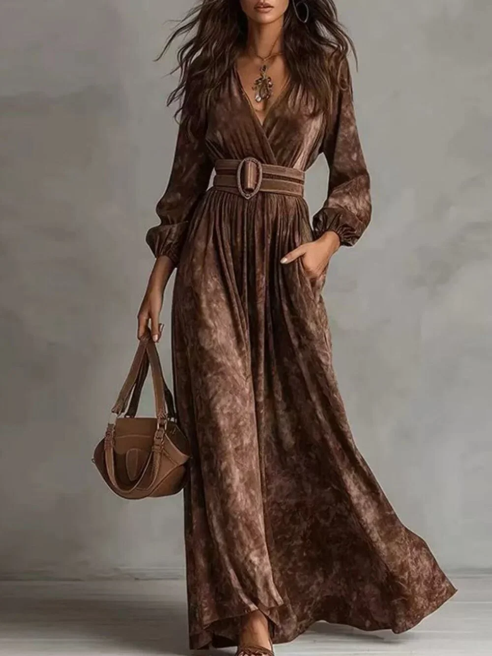 Zimmermann Brown V-Neck Long Sleeve Maxi Dress with Belt - Picture 1 of 3